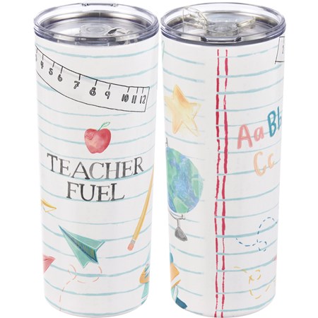 Coffee Tumbler - Teacher Fuel - 20 oz., 3" Diameter x 7.75" - Stainless Steel, Plastic
