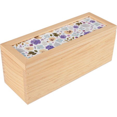 Tea Box - Pressed Flowers - 9" x 3" x 3.25" - Wood, Paper, Glass, Metal
