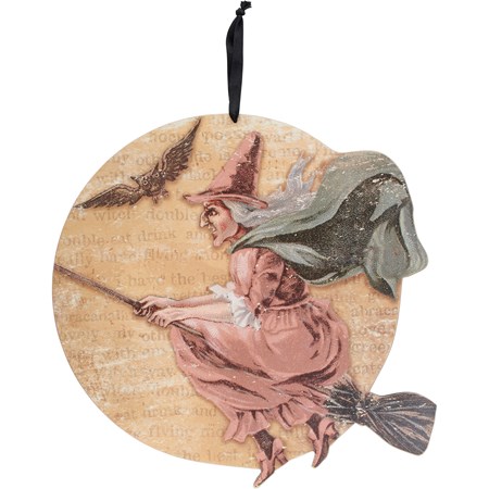 Midnight Flying Witch Wall Decor - Wood, Paper, Ribbon