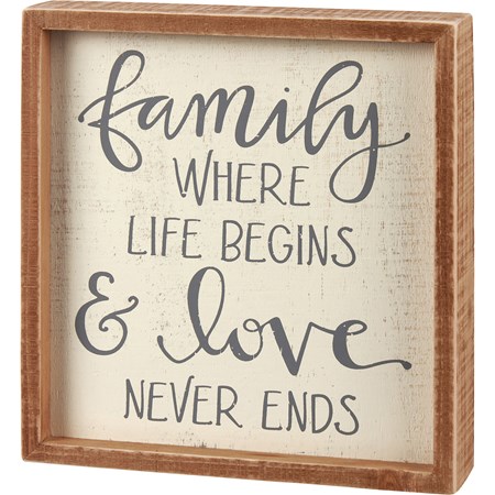 Family Love Never Ends Inset Box Sign - Wood