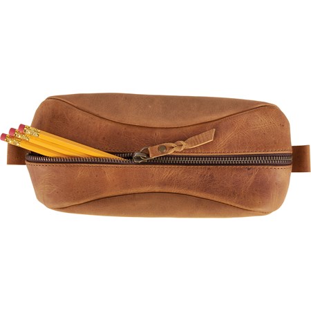 Pencil Pouch - Natural Leather - 4.50" x 10" x 1.50" - Leather, Metal