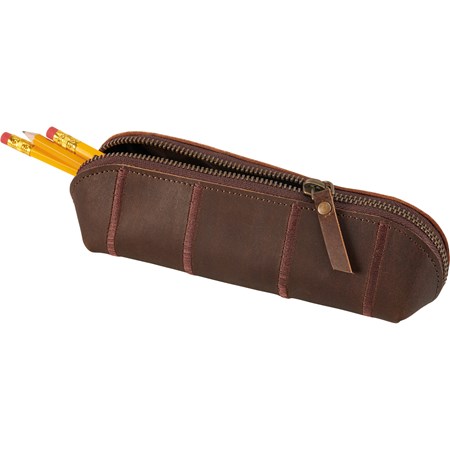 Pencil Pouch - Tanned Leather - 2.50" x 8" x 2.50" - Leather, Metal