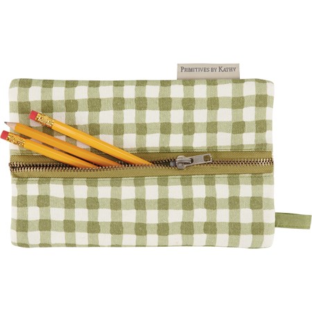 Pencil Pouch - Green Gingham - 5" x 8" - Cotton, Metal