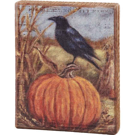 Raven On A Pumpkin Block Sign - Wood