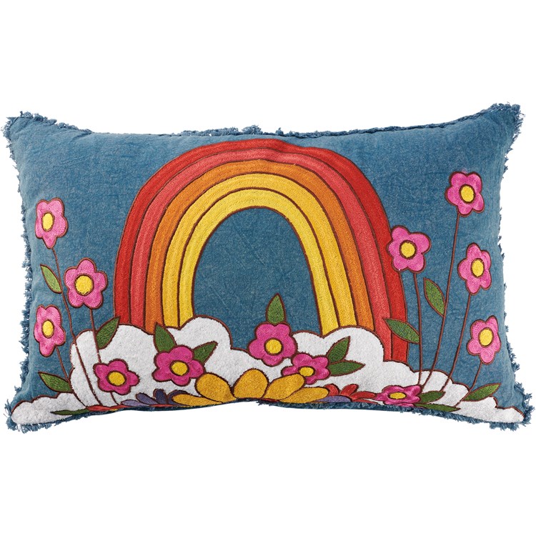 Rainbow And Flowers Pillow - Cotton, Chenille, Zipper