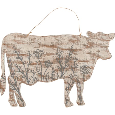 Wall Decor - Floral Cow - 18" x 11.50" x 0.25" - Wood, Jute