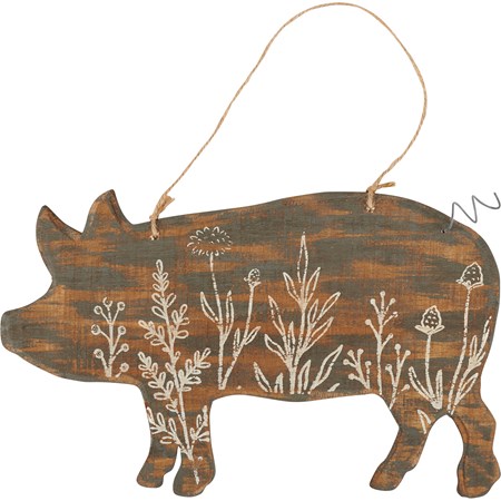 Hanging Decor - Floral Pig - 11.50" x 7.50" x 0.25" - Wood, Jute, Wire