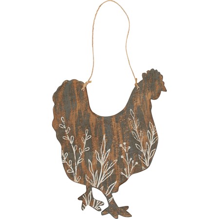 Hanging Decor - Floral Chicken - 7.50" x 10" x 0.25" - Wood, Jute