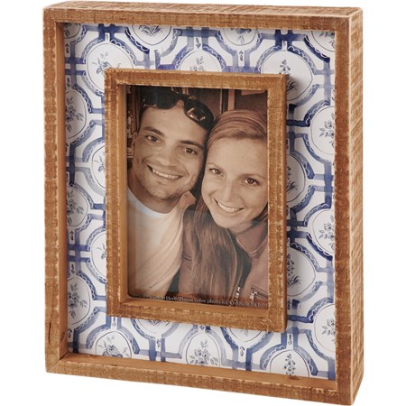 Inset Box Frame - Blue Florals - 7.25" x 9.25" x 1.75", Fits 4" x 6" Photo - Wood, Paper, Glass