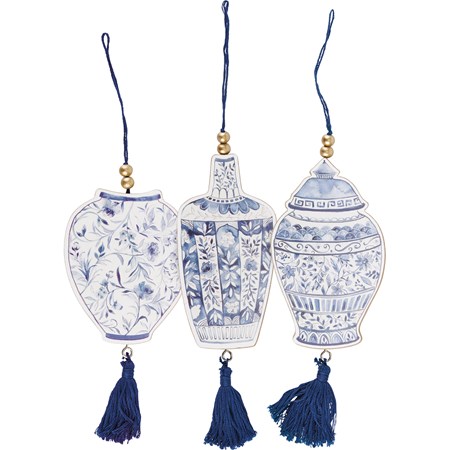 Ornament Set - Blue Jars - 2.25" x 4.50" x 0.25", 3" x 3.50" x 0.25",  2.50" x 4.50" x 0.25" - Wood, Paper, Cotton, Cord