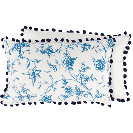 Pillow - Indigo Floral - 19" x 12" - Cotton, Zipper