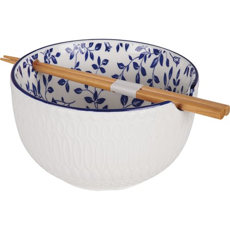 Indigo Floral Ramen Bowl Set - Ceramic, Wood
