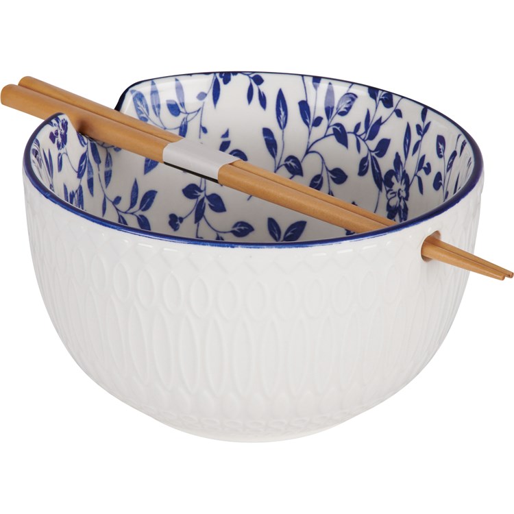 Indigo Floral Ramen Bowl Set - Ceramic, Wood