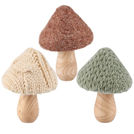 Knitted Mushrooms Sitter Set - Wood, Wool Blend