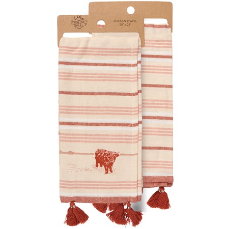 Highland Cow Striped Kitchen Towel - Cotton, Linen