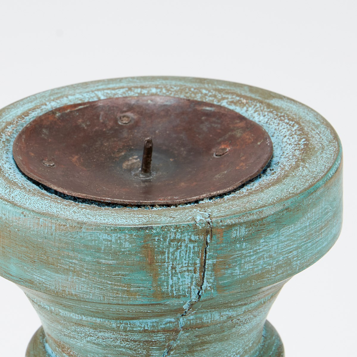 Distressed Blue Candle Holder - Wood
