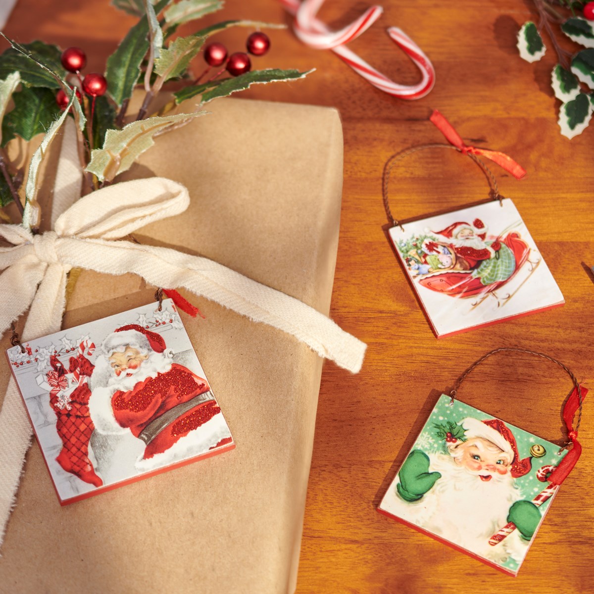 Retro Santa Ornament Set - Wood, Paper, Wire, Ribbon, Glitter