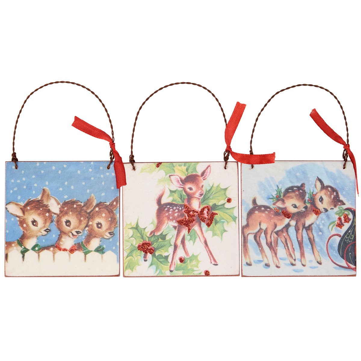 Christmas Deer Ornament Set - Wood, Paper, Wire, Ribbon, Glitter