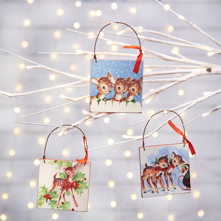 Christmas Deer Ornament Set - Wood, Paper, Wire, Ribbon, Glitter