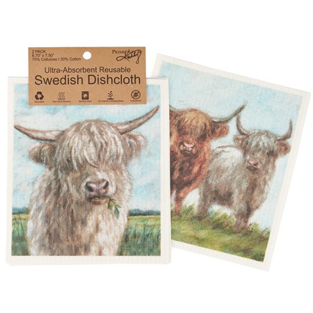 Highland Cows Swedish Dishcloth Set - Cellulose, Cotton