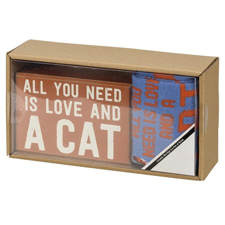 Love And A Cat Box Sign And Sock Set - Wood, Cotton, Nylon, Spandex