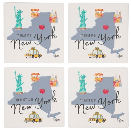 Coaster Set - New York - 4" x 4" x 1.50" - Stone, Metal, Cork
