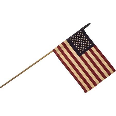 Primitive American Flag Lg - 15.75" x 10.75", Stick: 32" - Fabric, Wood
