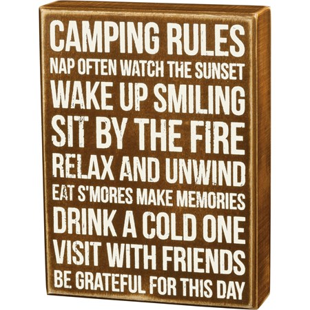 Box Sign - Camping Rules - 6" x 8" x 1.75" - Wood