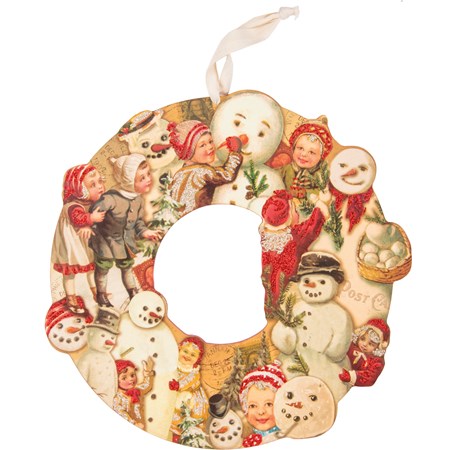 Vintage Snowmen Wreath - Wood, Paper, Cotton, Glitter