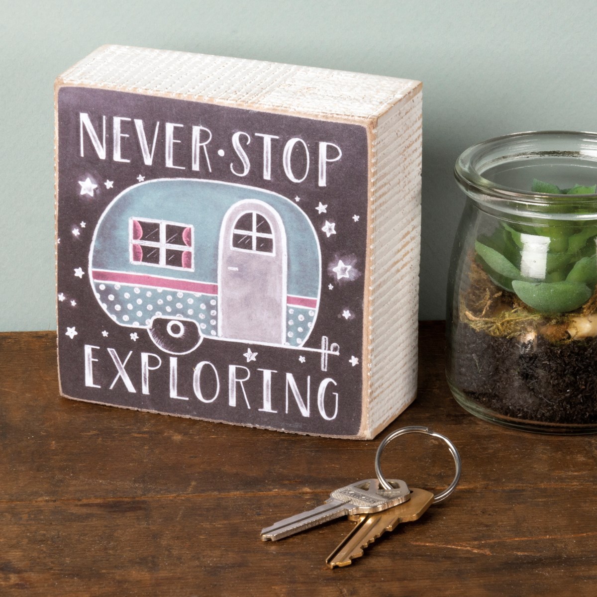 Chalk Sign - Never Stop Exploring - 4" x 4" x 1.75" - Wood, Paper