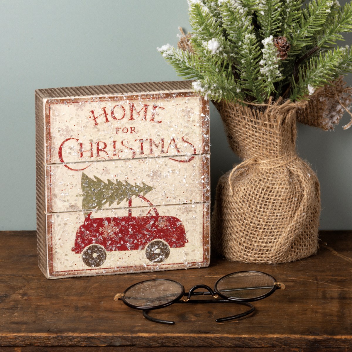 Home For Christmas Slat Box Sign - Wood, Paper, Mica