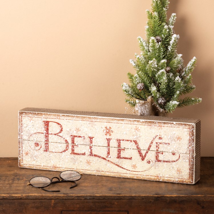 Believe Slat Box Sign - Wood, Paper, Mica