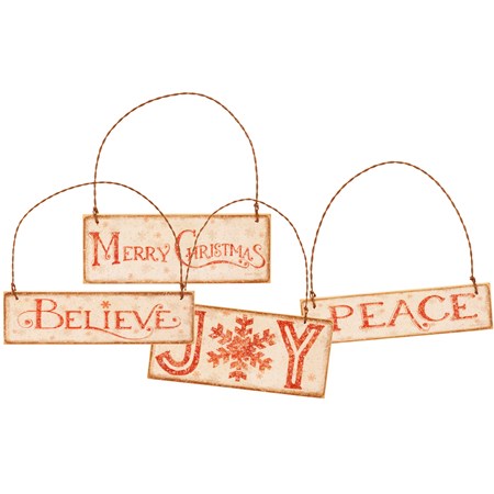 Ornament Set - Christmas Words - 4.50" x 1.25", 4" x 1.50", 4.50" x 2", 4" x 1" - Wood, Paper, Wire, Mica