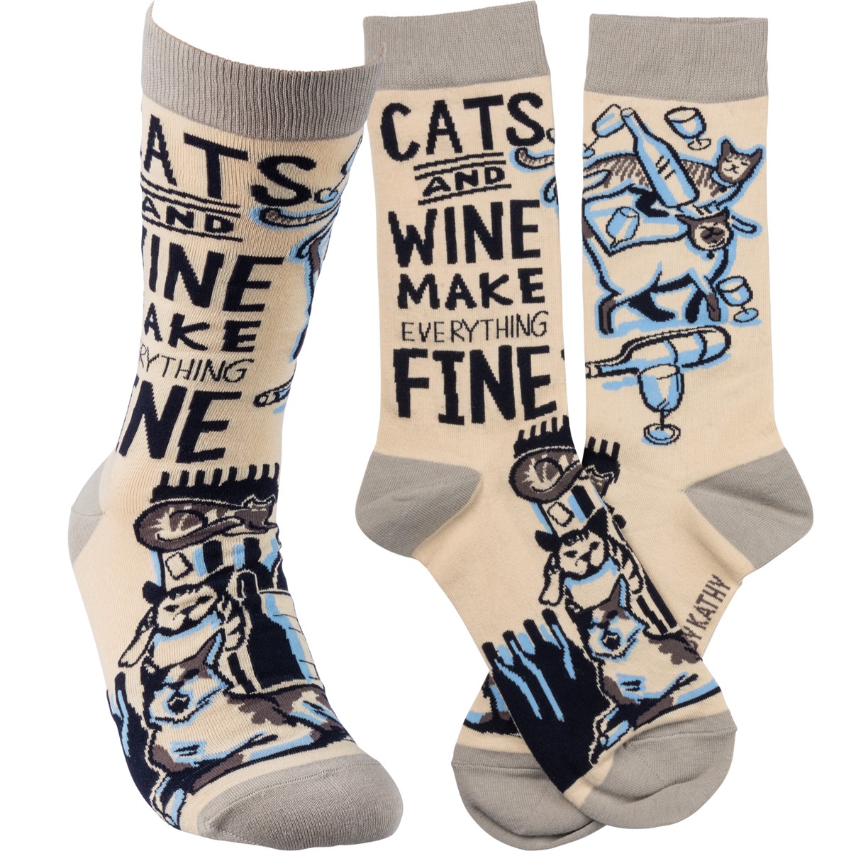 Cats And Wine Everything Fine Socks - Cotton, Nylon, Spandex