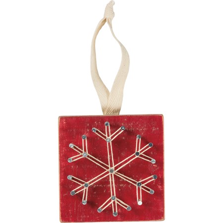 String Art Ornament - Red Snowflake - 3" x 3" - Wood, Metal, String, Fabric 