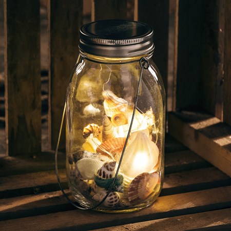 Lantern - Seashell Mason Jar - 6.75" Tall, 10 Lights - Glass, Shells, Wire
