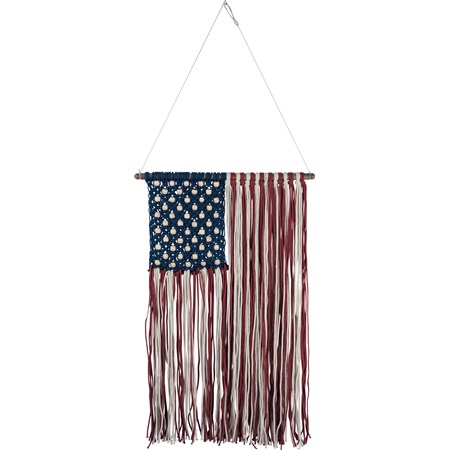 Macrame American Flag Wall Hanging - Cotton, Beads, Wood