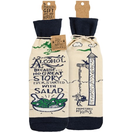 Bottle Sock - No Good Story Started With Salad - 3.50" x 11.25", Fits 750mL to 1.5L bottles - Cotton, Nylon, Spandex