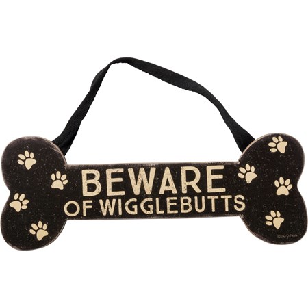 Wall Decor - Beware Of Wigglebutts - 12" x 4.50" x 0.25" - Wood, Paper, Cotton