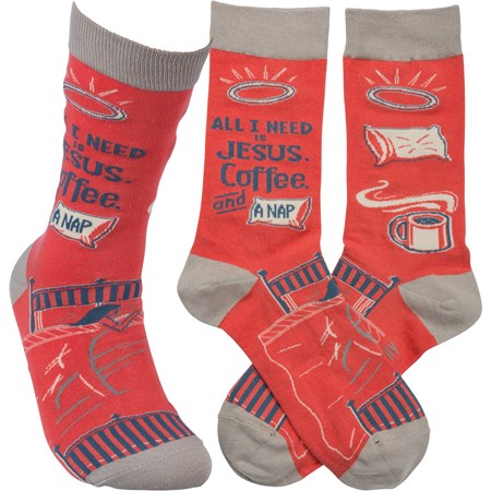 Socks - All I Need Is Jesus, Coffee, And Naps - One Size Fits Most - Cotton, Nylon, Spandex