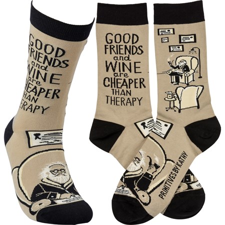 Socks - Friends & Wine Cheaper Than Therapy - One Size Fits Most - Cotton, Nylon, Spandex