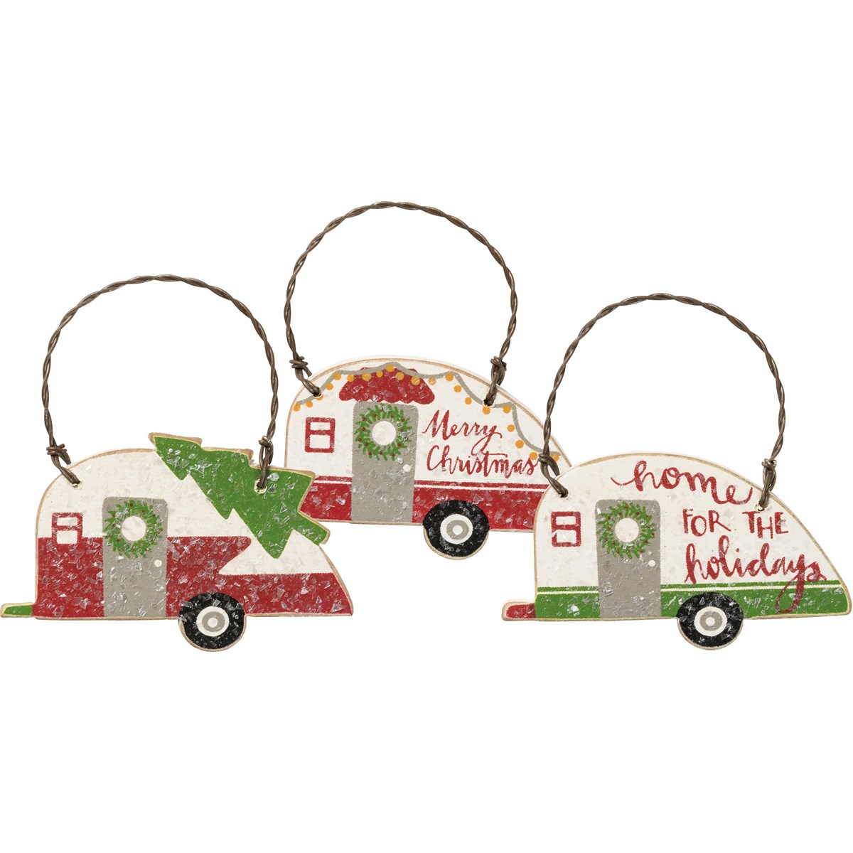 Ornament Set - Merry Christmas, Home For Holidays - 2.50" x 1.50", 2.50" x 1.50" - Wood, Wire, Mica