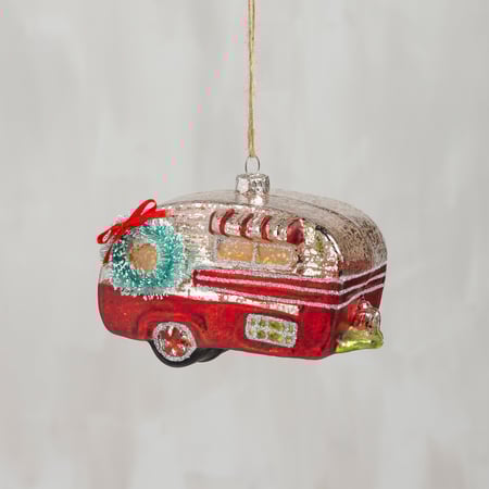 Glass Red Camper Ornament - Glass, Metal, Bristle, Ribbon, Glitter