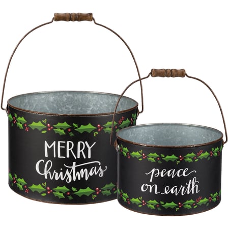 Merry Christmas Bucket Set - Metal, Paper, Wood