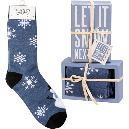 Let It Snow Next Year Box Sign And Sock Set - Wood, Cotton, Nylon, Spandex, Ribbon