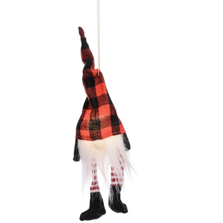 Red And Black Buffalo Check Gnome Ornament - Polyester, Cotton, Plastic, LED