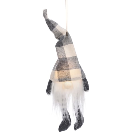 Grey Buffalo Check Gnome Ornament - Polyester, Cotton, Plastic, LED