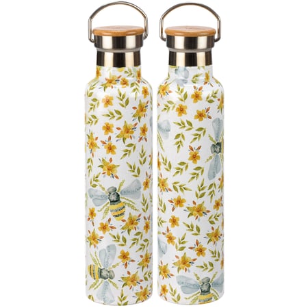 Floral Bee Insulated Bottle - Stainless Steel, Bamboo