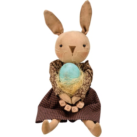Rabbit With Egg Doll - Cotton, Wood, Wire, Plastic