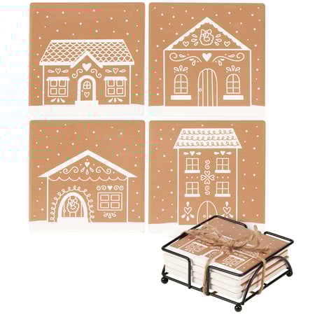 Gingerbread House Coaster Set - Stoneware, Metal, Cork